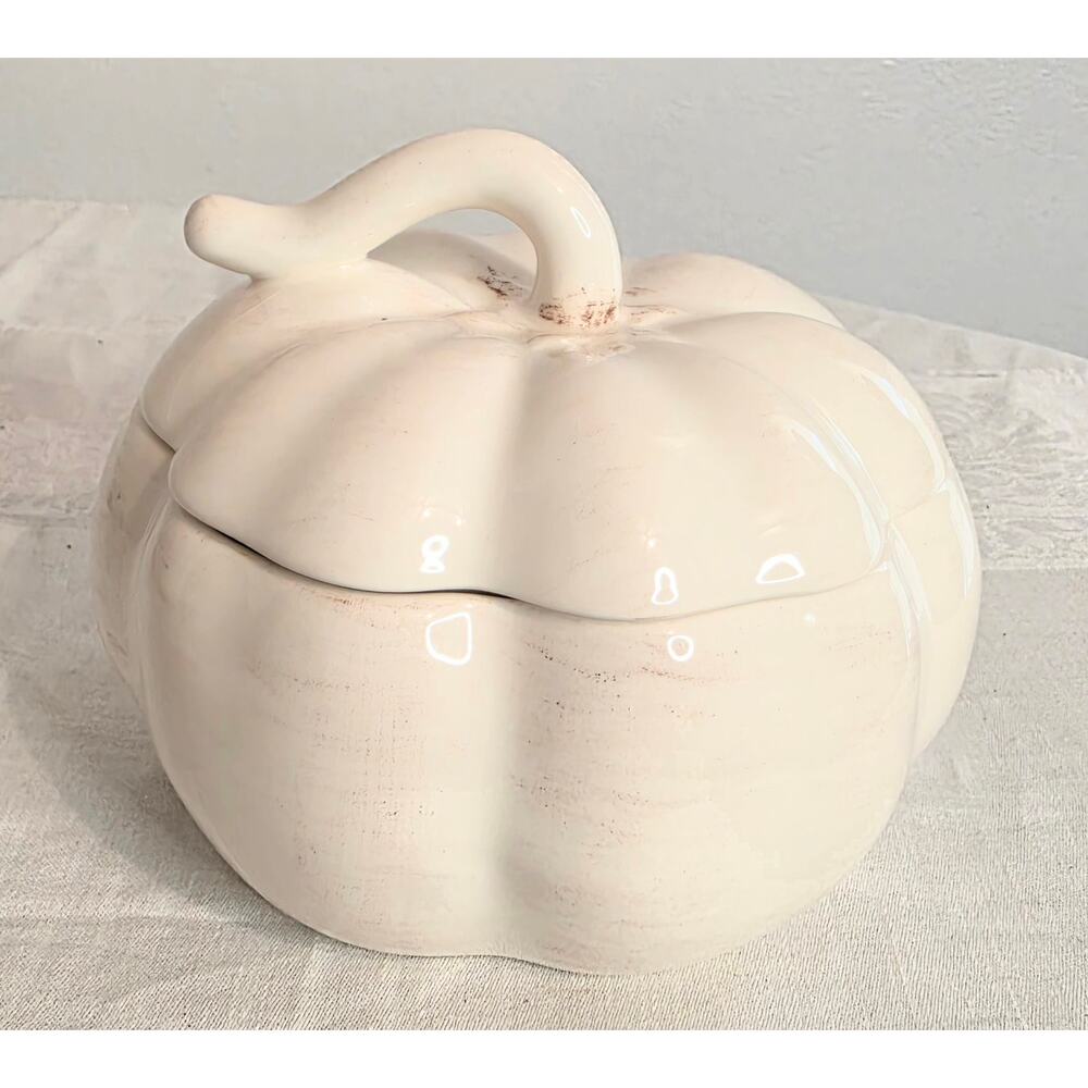 Matceramica Off White Ceramic Pumpkin Shaped Covered Bowl Made in Portugal